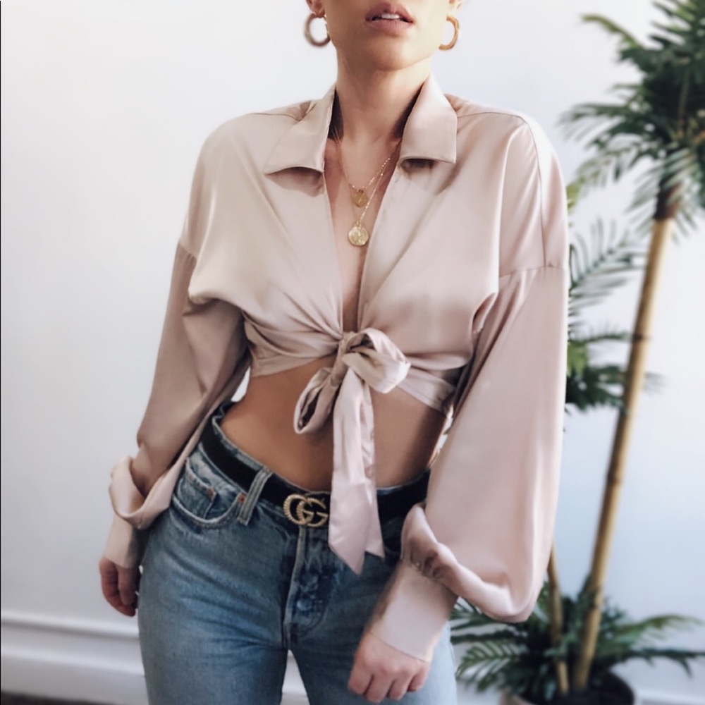 Last 1✨Zeal Nude Satin Puff Sleeve Crop Top - Picture 6 of 8